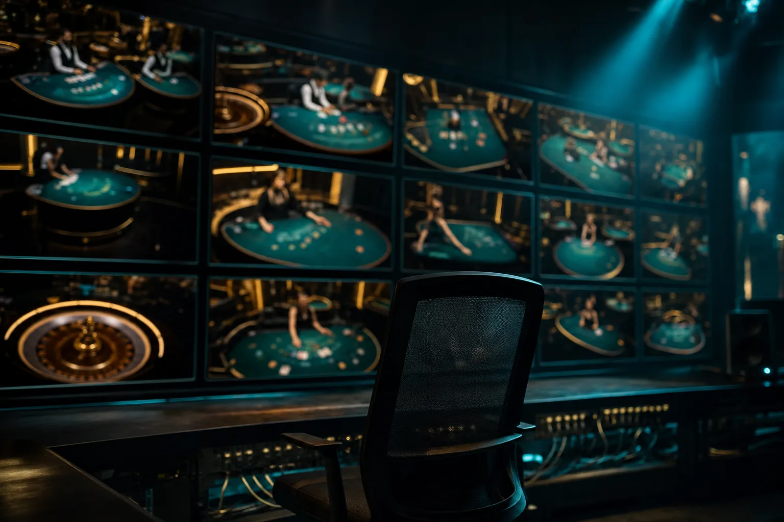 Monitorwand einer Regie mit sechs verschiedenen Tisch-Feeds