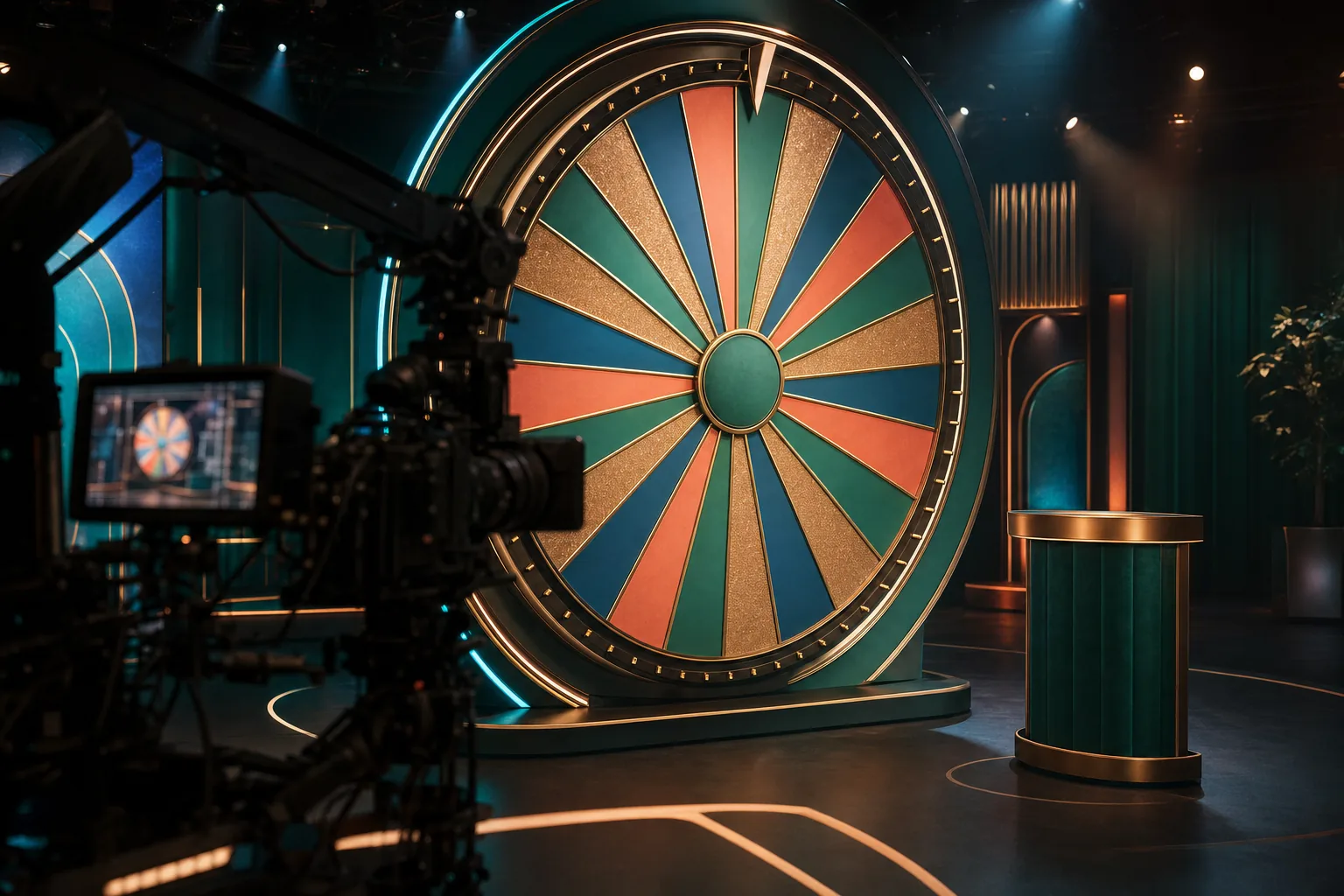 Moderatorin am beleuchteten Glücksrad einer Live-Game-Show im Studio