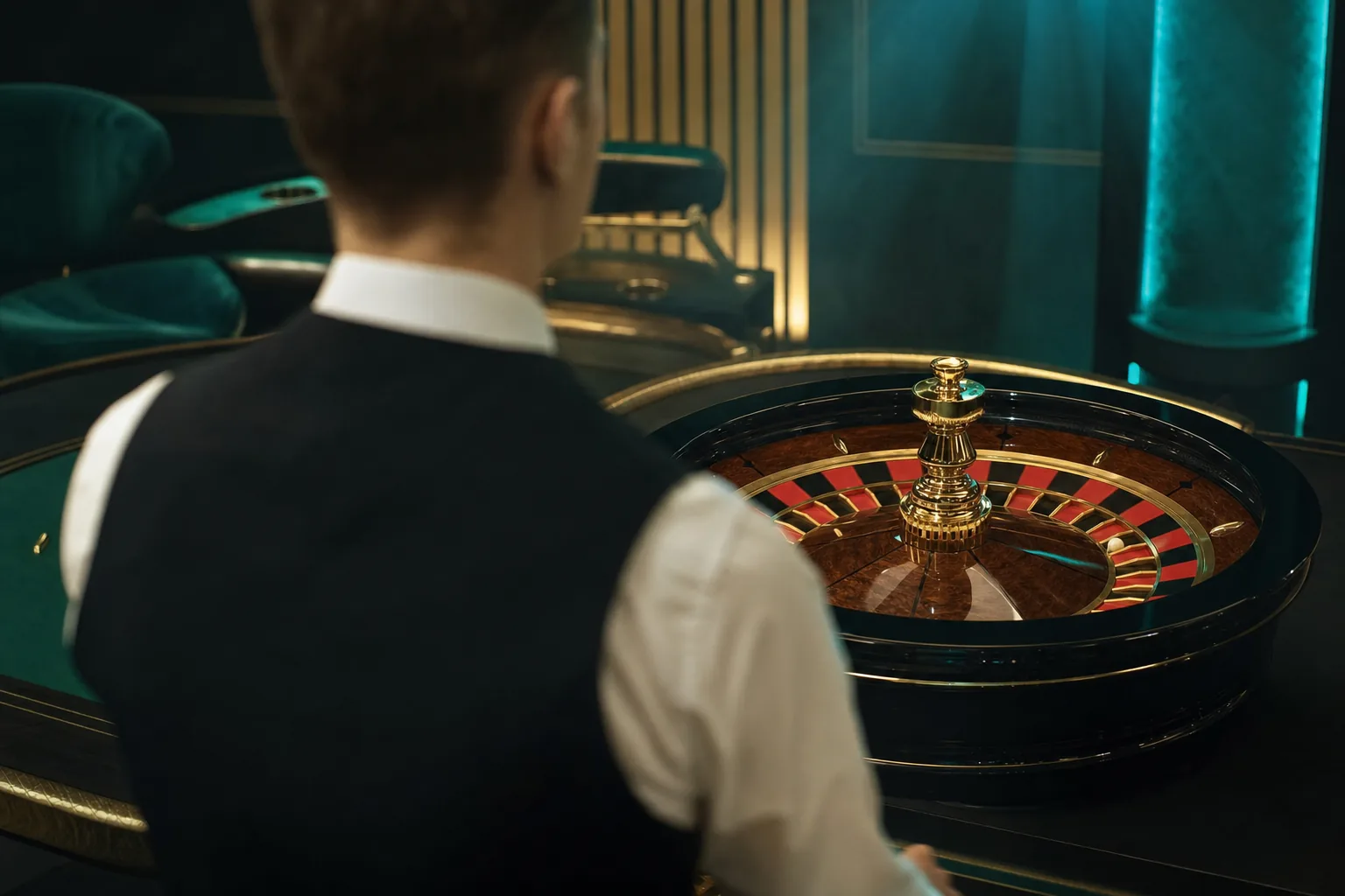 Live-Roulette-Kessel und Croupier im Studio