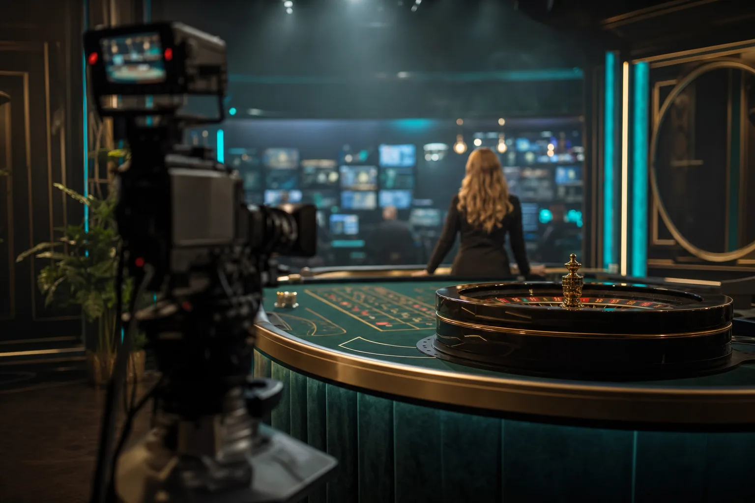 Live-Casino-Studio: Regieplatz mit Kameras, Roulette-Kessel und Croupier