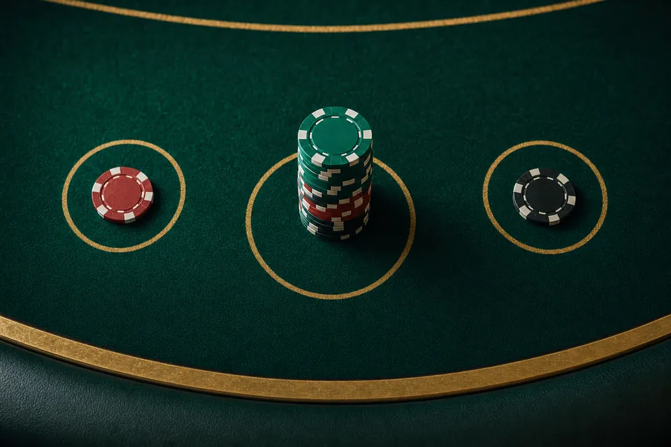 Einsatzfelder am Blackjack-Tisch: Hauptfeld mit Chipstapel, zwei kleinere Nebenwett-Felder