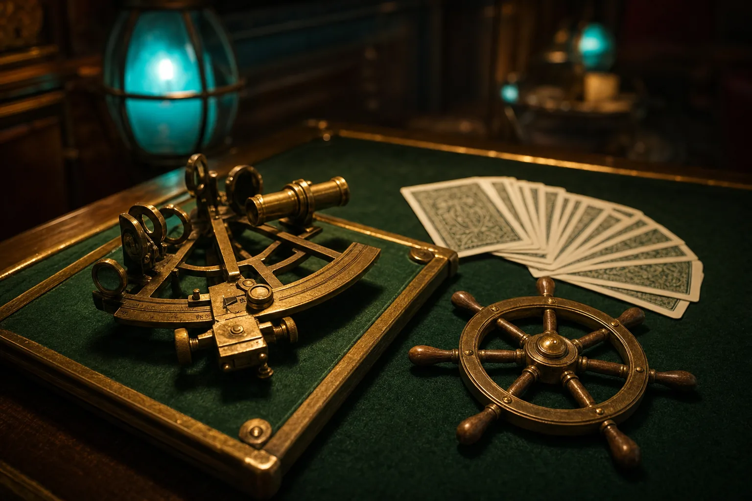 Messing-Sextant und Schiffsrad auf grünem Filz neben Spielkarten