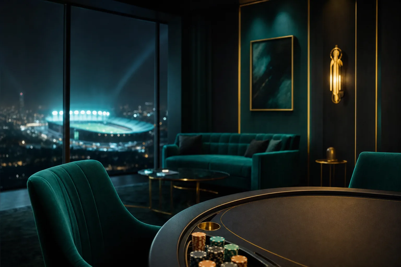 Moderne Lounge bei Nacht mit Stadionlicht hinter der Glasfront