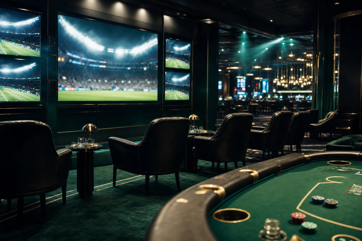Sport-Lounge mit Bildschirmwand neben einem Spieltisch