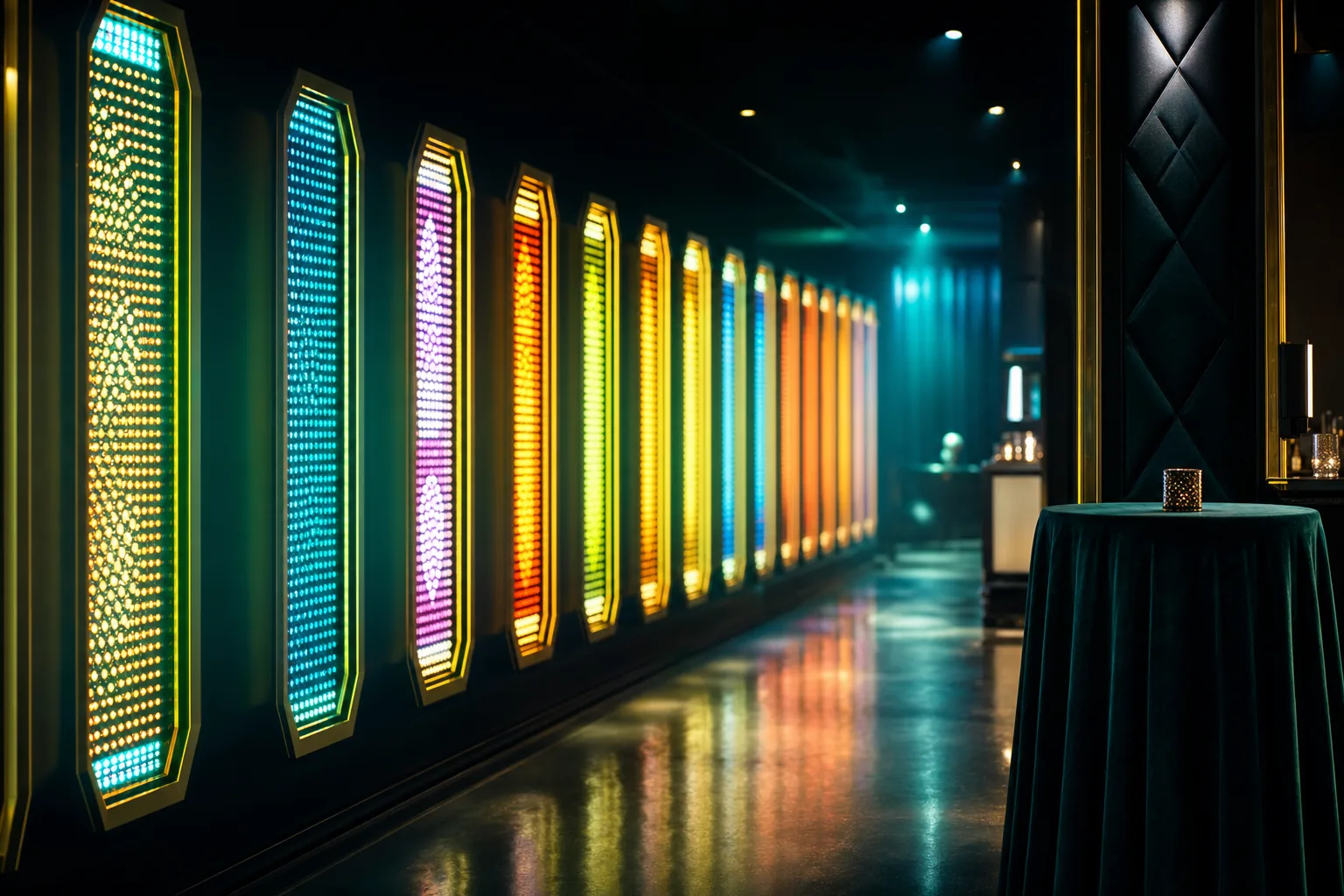 Bunte Lichtpaneele in einer dunklen Lounge