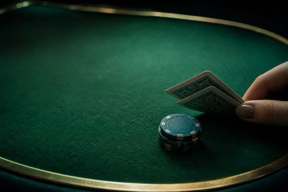 Blackjack-Tisch mit Karten, Chips und aufgedruckten Nebenwetten-Feldern